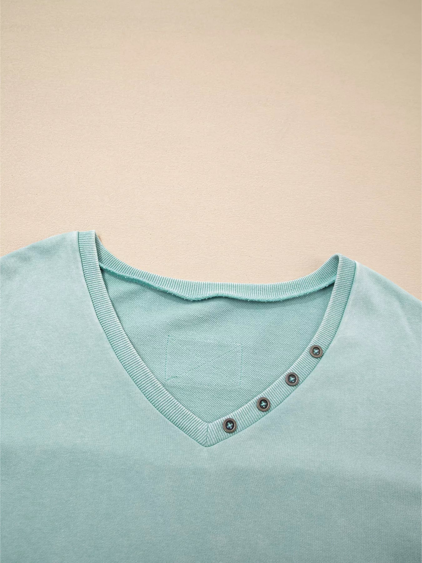 Sarah Express Women's Mineral Wash Exposed Seam Buttoned V Neck Top