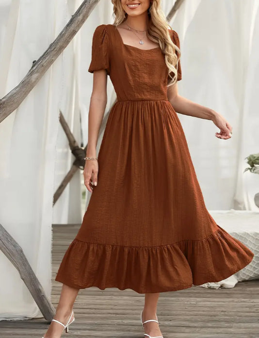 Women's Ruffled Bubble Sleeve Long Dress