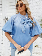 Sarah Express Women's Denim Bow Tie Puff Sleeve Button-Up Top