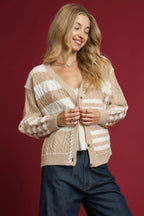 Sarah Express Women’s Stripe Cable-Knit Button-Up Cardigan Casual Fall Winter