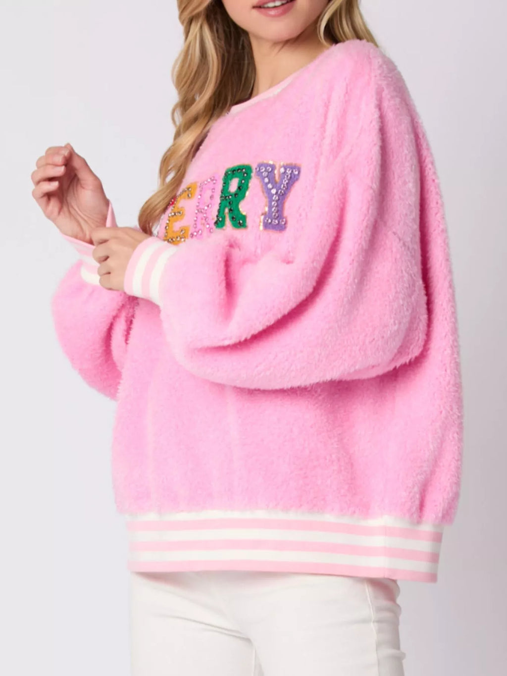 Sarah Express Women's Rhinestone Merry Christmas Round Neck Sweatshirt