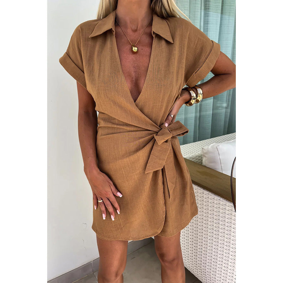 Lace-Up Collar Jumpsuit Romper Shorts Casual Vacation One Piece