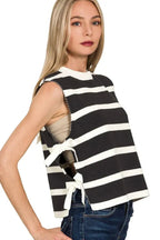 Sarah Express Women's Side Tie Stripe Sweater Vest - Black White Cropped for Casual & Layering