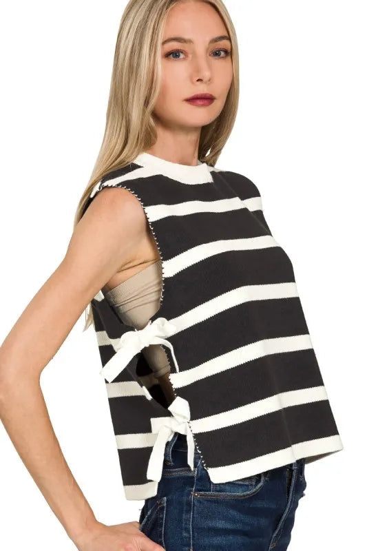 Sarah Express Women's Side Tie Stripe Sweater Vest - Black White Cropped for Casual & Layering