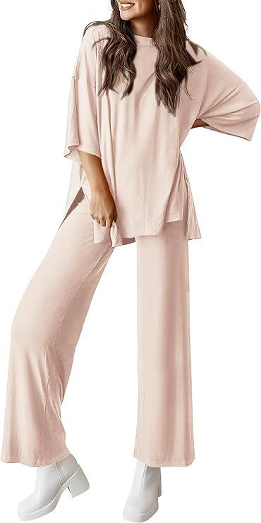 Two Piece Pullover Top Wide Leg Pants Set Polyester
