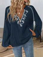 Sarah Express Women's Paisley Pattern Embroidered Notched Long Sleeve Blouse