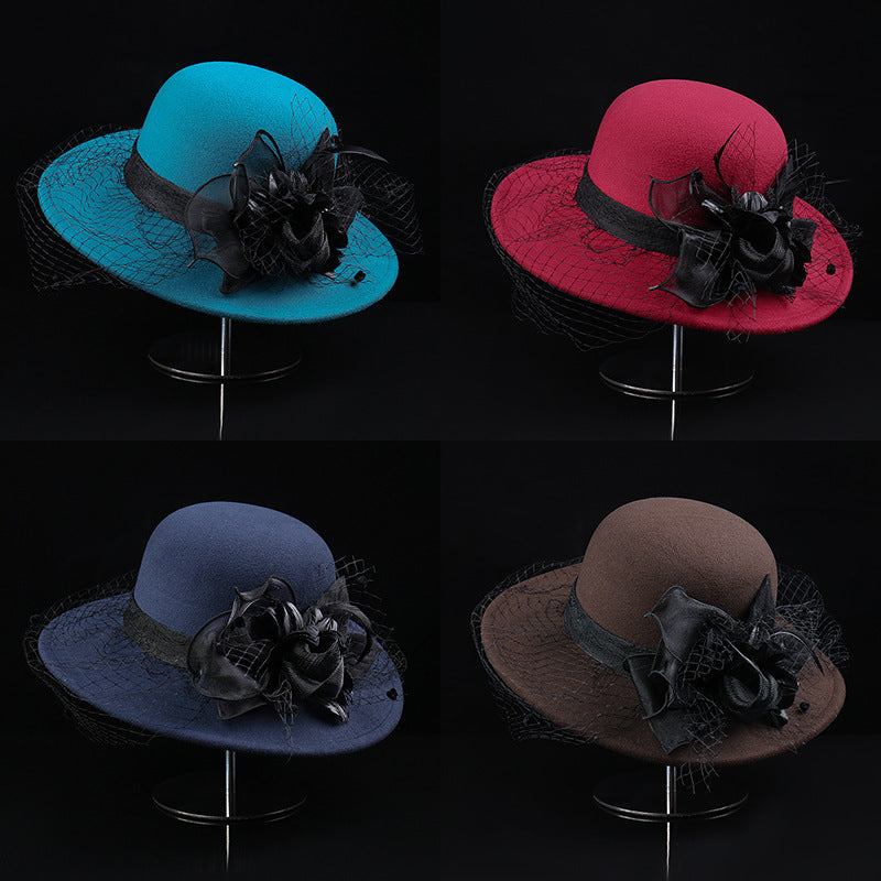 Women's Woolen Cloche Hat Floral Net Veil Dome Style
