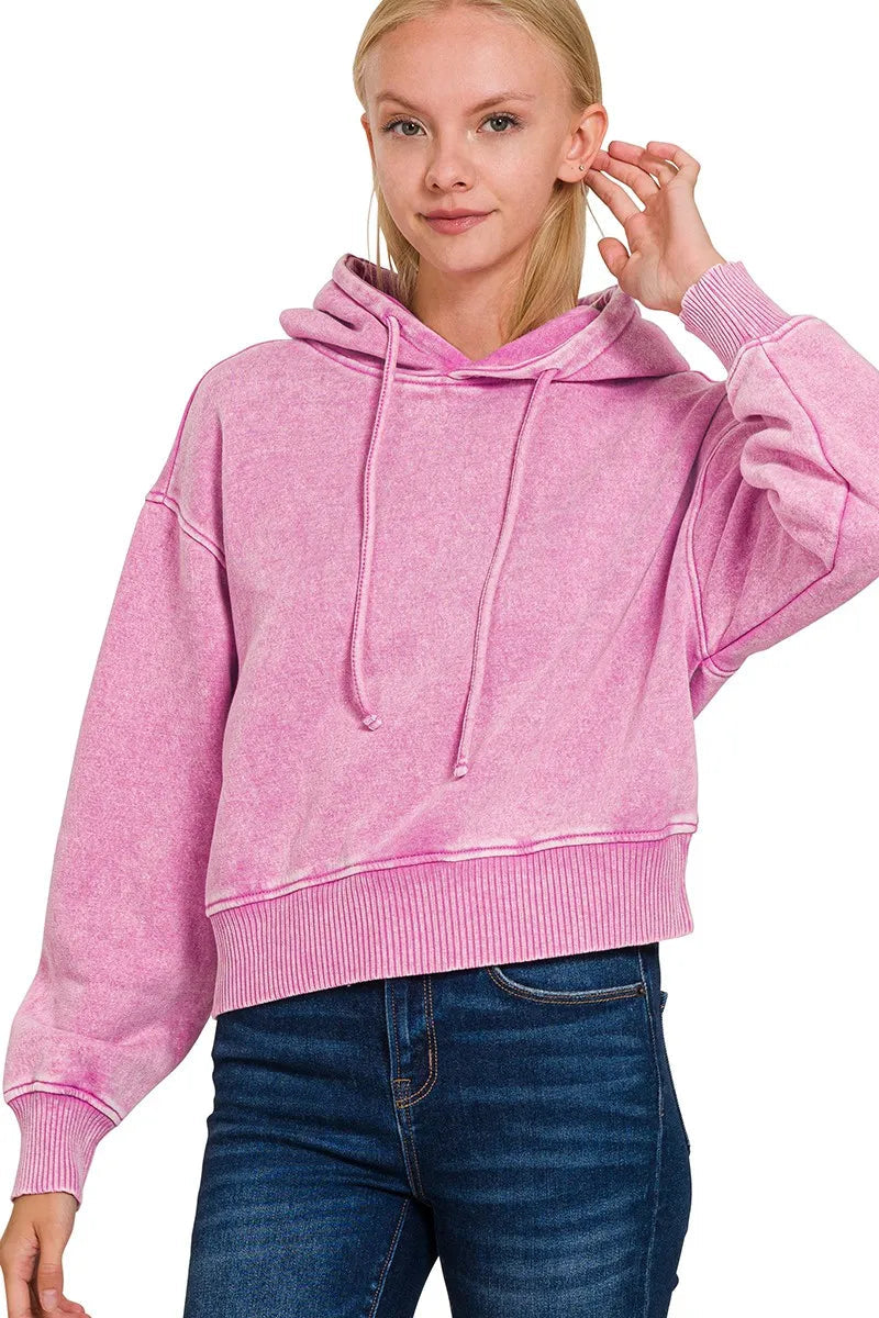 Sarah Express Women's Acid Wash Cropped Hoodie | Fleece Drawstring | Cotton Blend | S-L