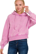 Sarah Express Women's Acid Wash Cropped Hoodie | Fleece Drawstring | Cotton Blend | S-L