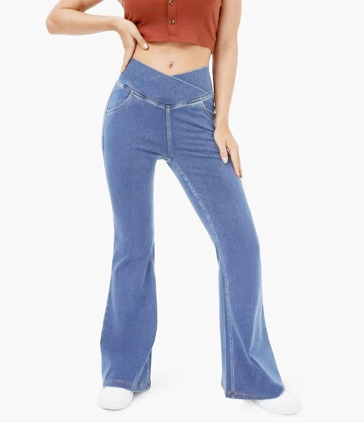 Women's Mid-Waist Bell Bottom Flare Jeans Denim Pants
