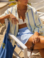 Sarah Express Women's Striped Button Up Long Sleeve Shirt - Oversized Nautical Style