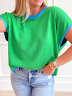 Sarah Express Women's Contrast Trim Short Sleeve Sweater Green