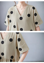 Women's Cotton Linen V-Neck Maxi Dress - Summer Work Casual Short Sleeve Apricot One Size