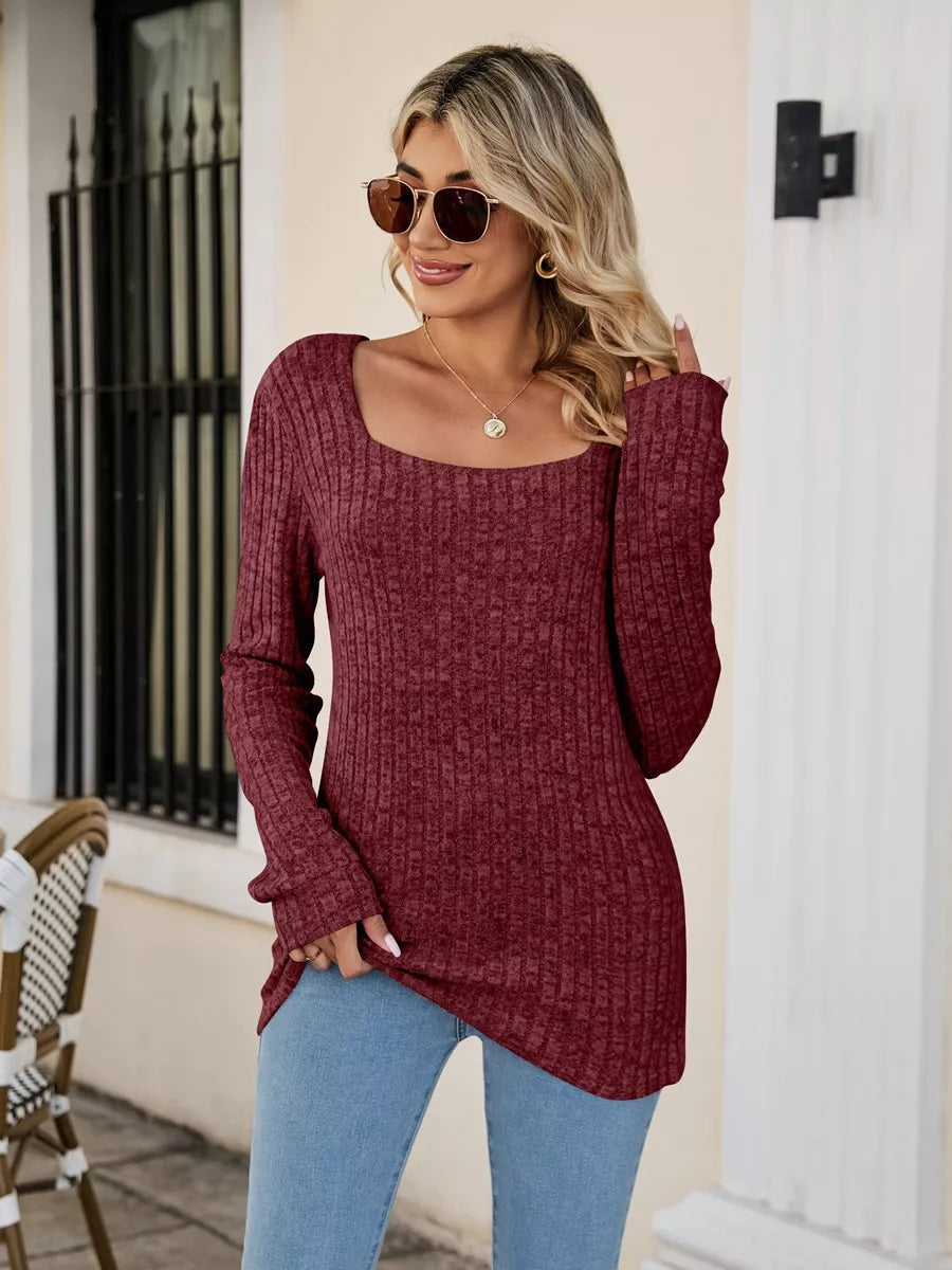 Sarah Express Women's Ribbed Square Neck Long Sleeve T-Shirt Burgundy