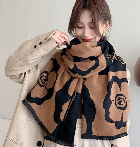 Women's Camellia Jacquard Scarf Imitation Cashmere Black Beige Elegant Winter Wrap