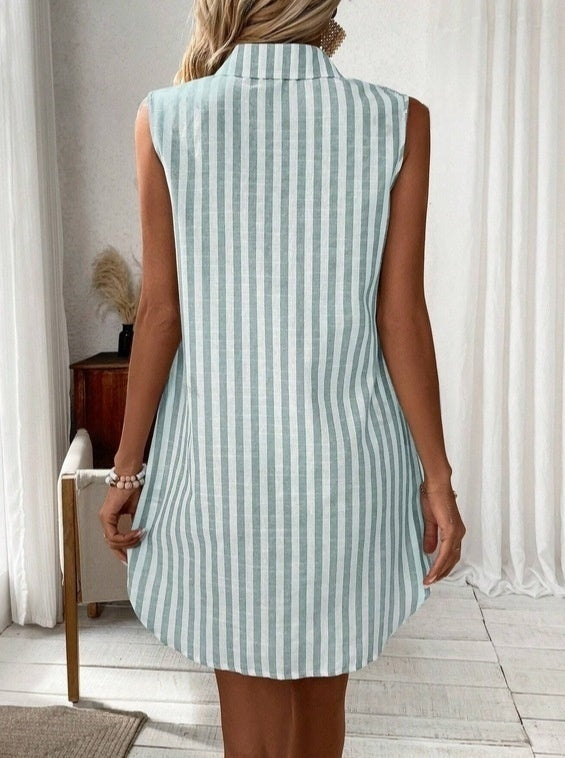 Women's Striped Sleeveless V-Neck Button Front Midi Shirt Dress