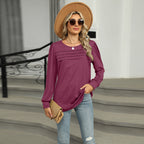 Solid Color U-Neck Pleated Long Sleeve Top for Women