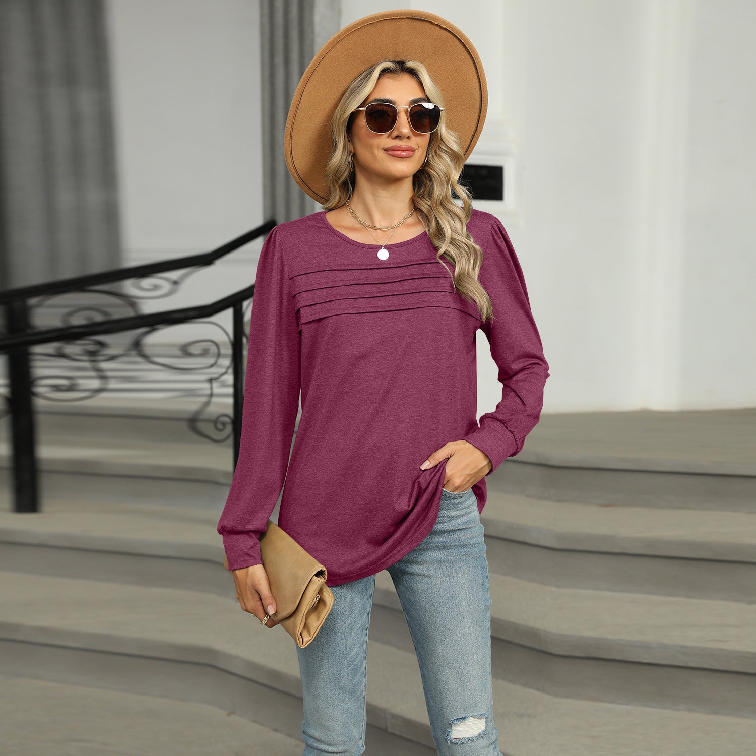 Solid Color U-Neck Pleated Long Sleeve Top for Women