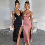 Spaghetti Strap Bodycon Party Dress Deep V-Neck Backless Split Design