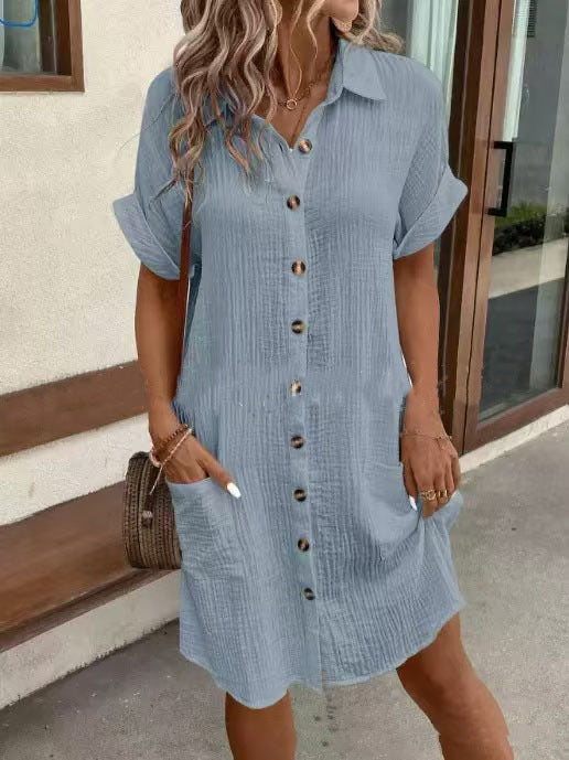 Women's Button-Front Shirt Dress Short Sleeve Mid-Length Loose Fit