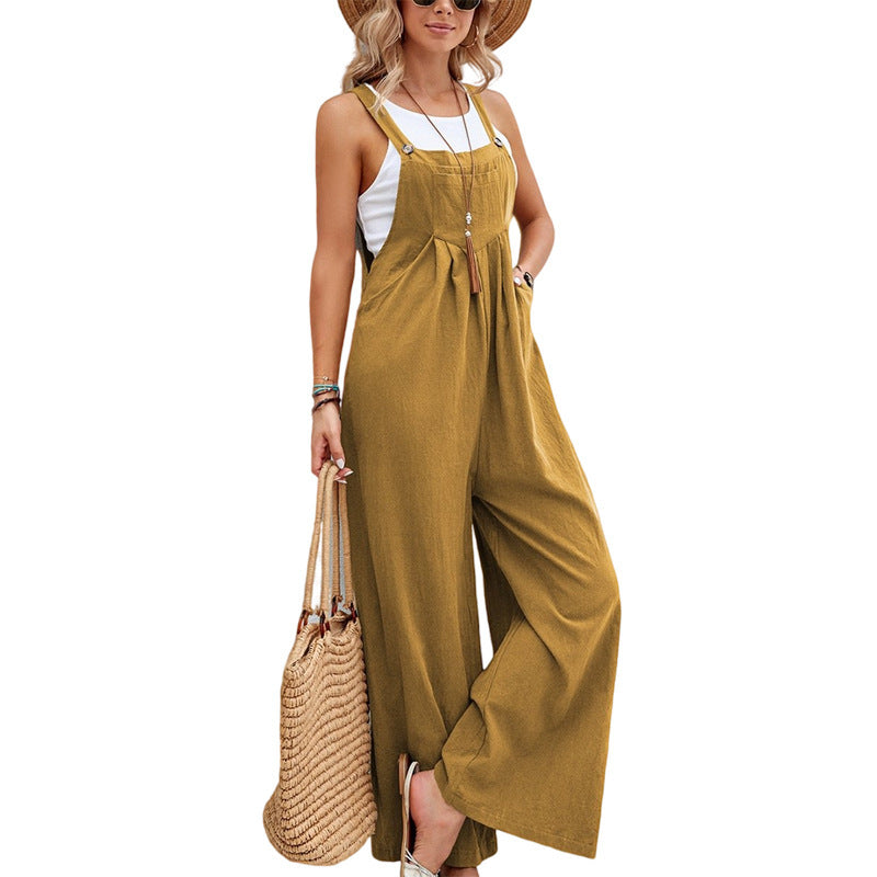 Women's Solid Color Cotton Suspender Trousers Casual Overall Straight Leg Mid Waist with Pockets