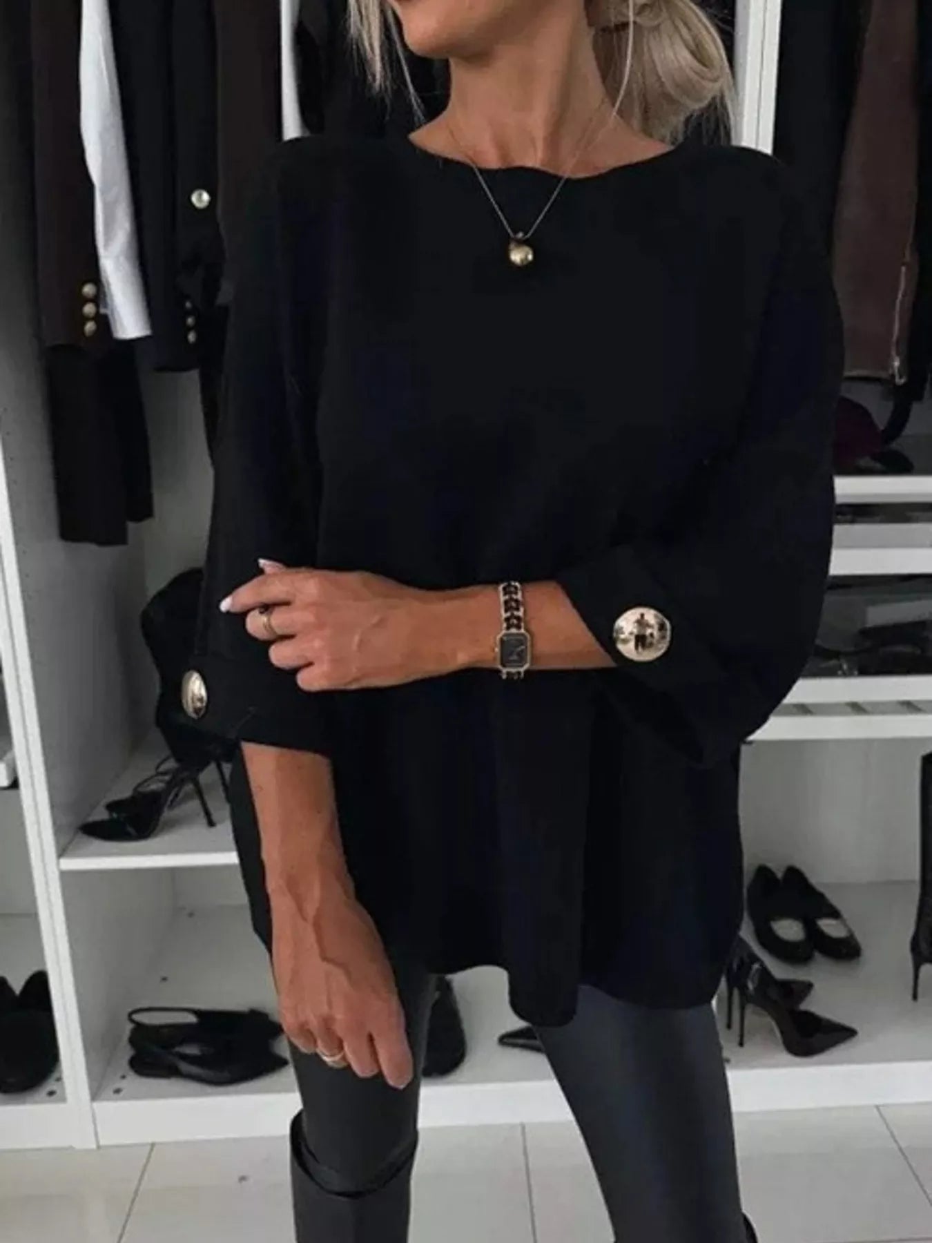 Sarah Express Women's Full Size Round Neck Drop Shoulder Top with Ribbed Trim Plus Size Black