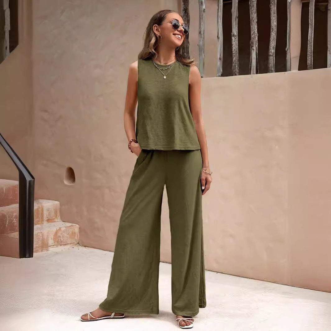 Women's Sleeveless Round Neck Top & Pants Two Piece Casual Set Street Style