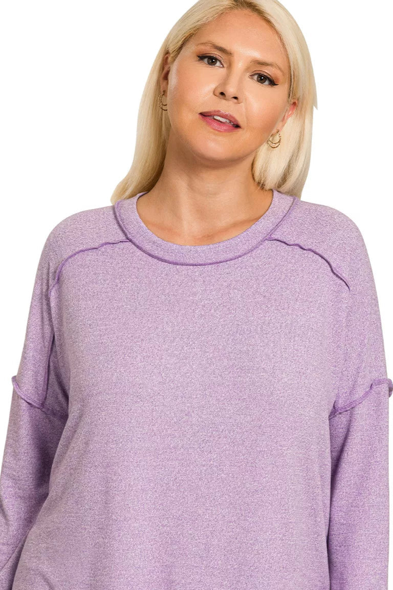 Sarah Express Women’s Plus Size Melange Hacci Tee with Exposed Seam Hi-Low Hem
