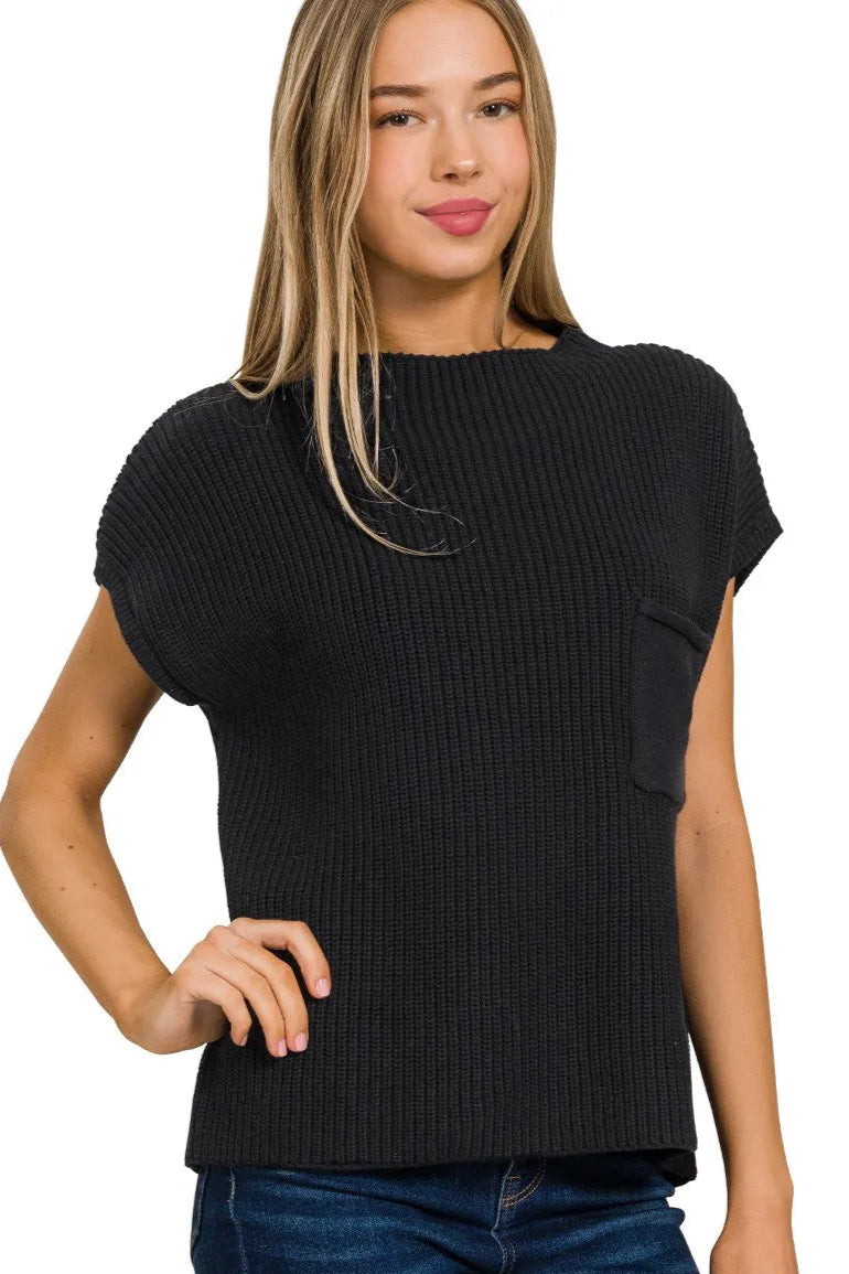 Sarah Express Women’s Short Sleeve Mock Neck Cotton Sweater