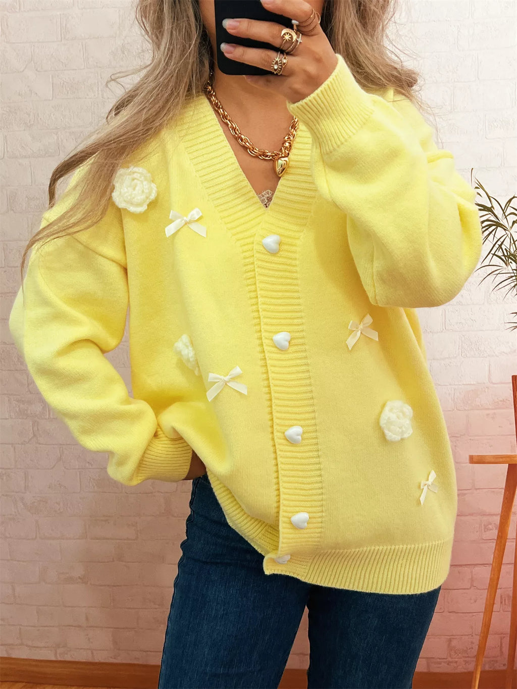 Sarah Express Women's Flower Heart Button Long Sleeve Cardigan