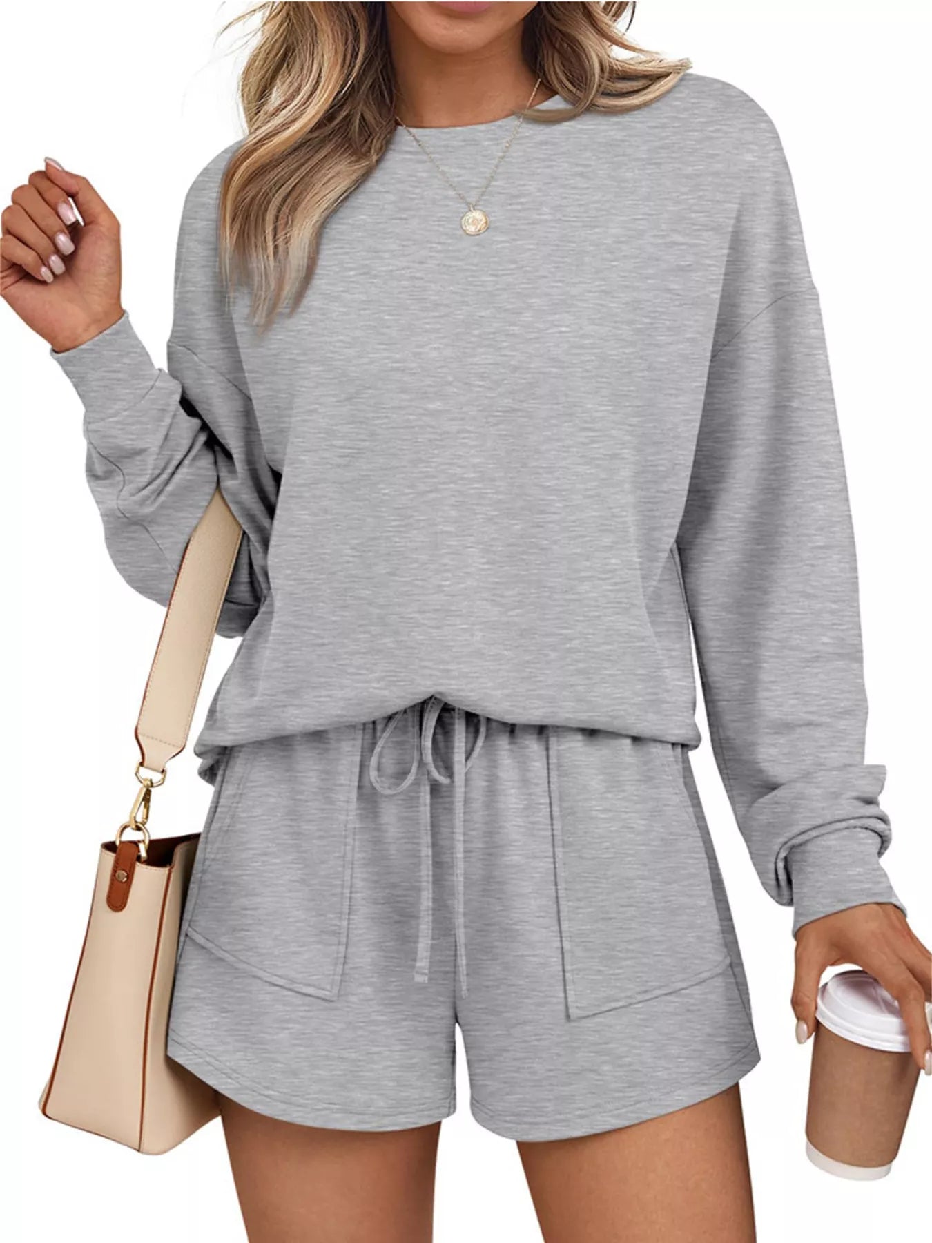 Sarah Express Women's Round Neck Long Sleeve Top and Shorts Set - Two Piece Loungewear Light Gray
