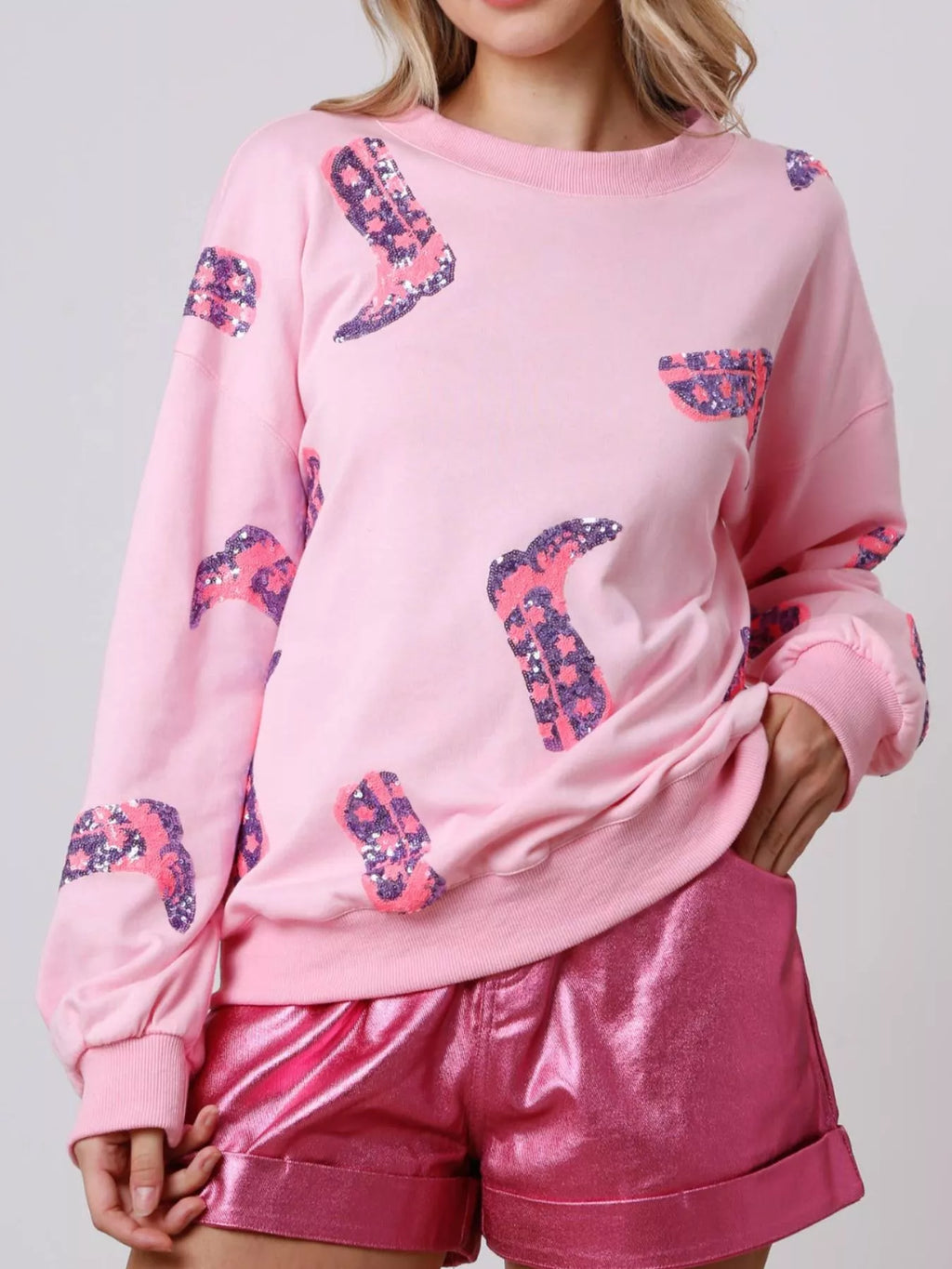 Sarah Express Women's Sequin Boot Crewneck Sweatshirt