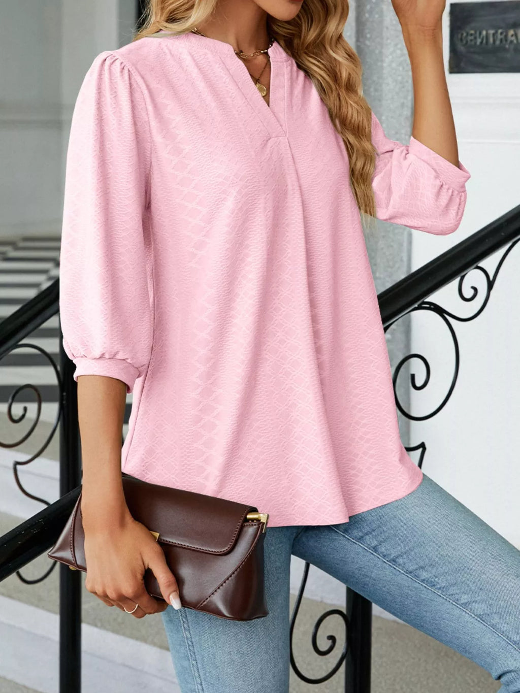 Sarah Express Women's Notched 3/4 Sleeve Casual Top