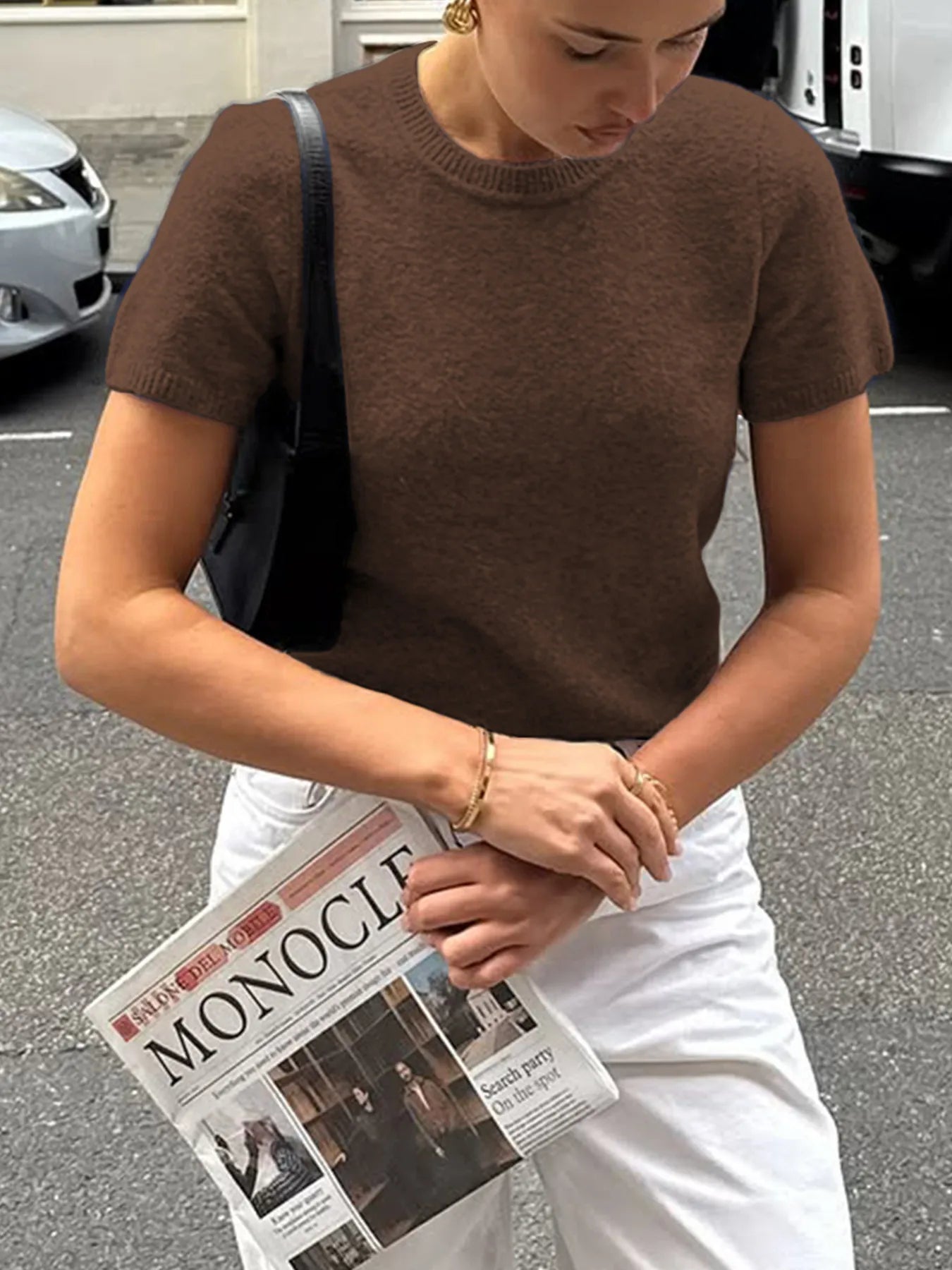 Sarah Express Women's Round Neck Short Sleeve Sweater Brown