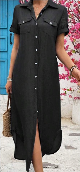 Women's Denim Look Longline Shirt Dress Button Front Short Sleeve Summer