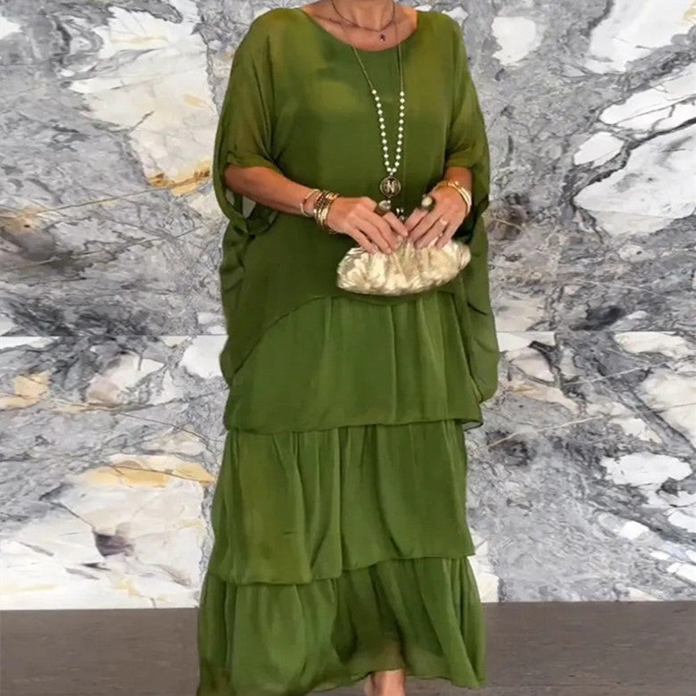 Women's Batwing Sleeve Midi Dress Crew Neck Chiffon Elegant