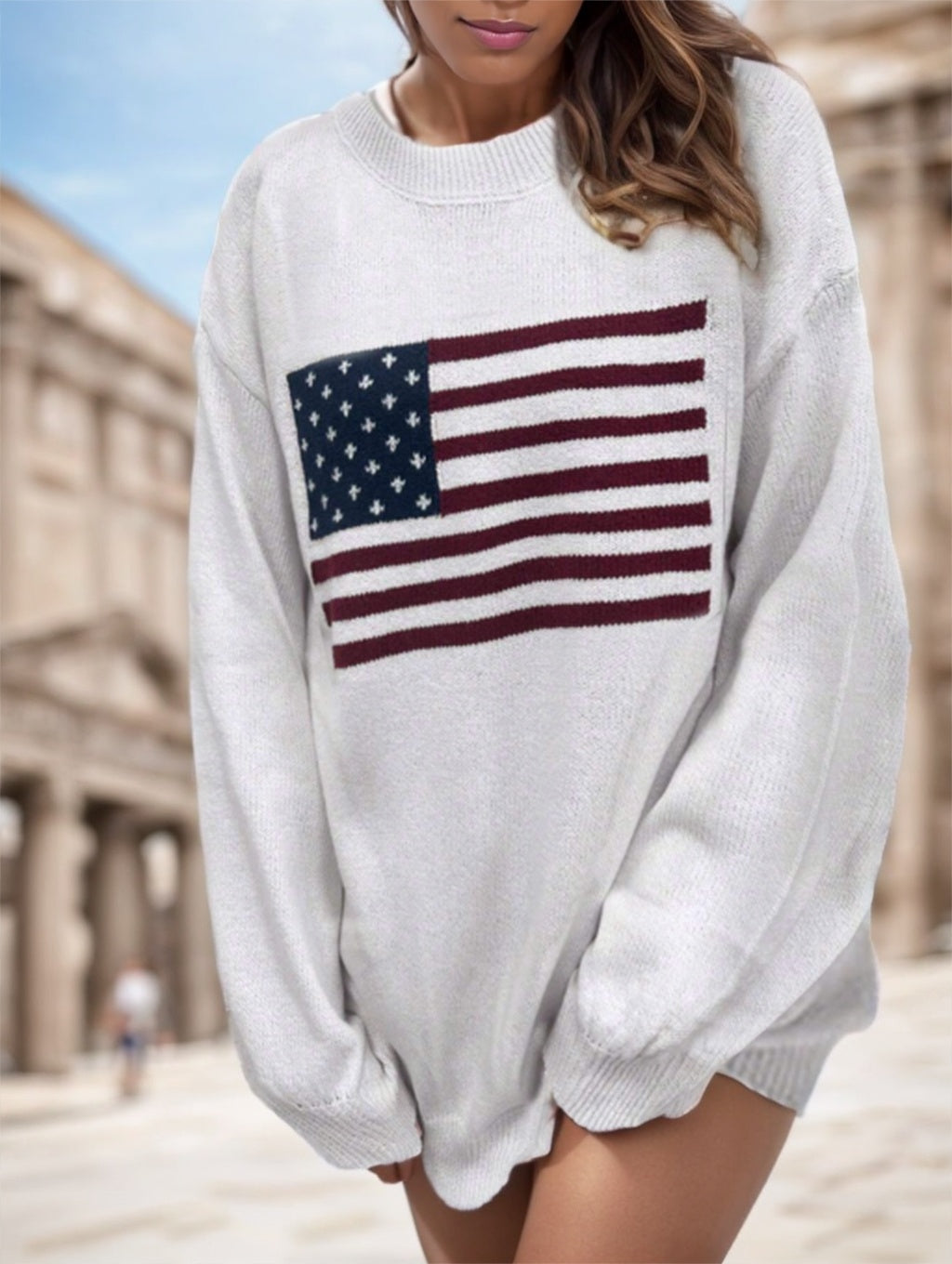 USA Flag Drop Shoulder Long Sleeve Sweater Women