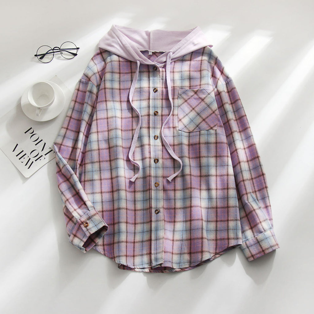 Women's Plaid Hooded Shirt Jacket Casual Loose Fit Pullover Top