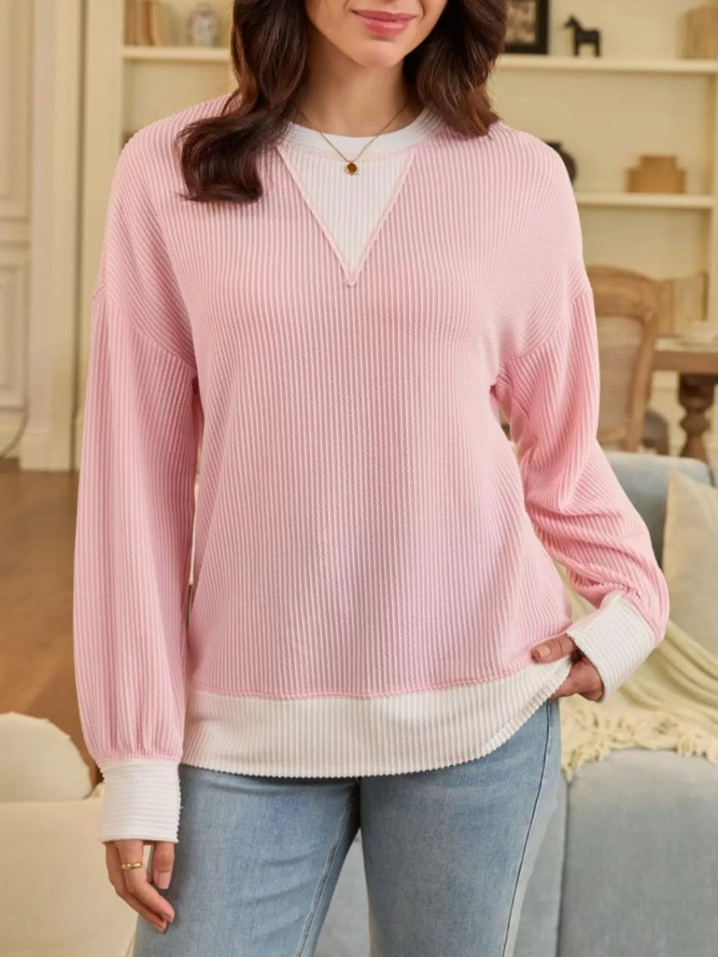 Sarah Express Women's Two-Tone Ribbed Knit Sweatshirt