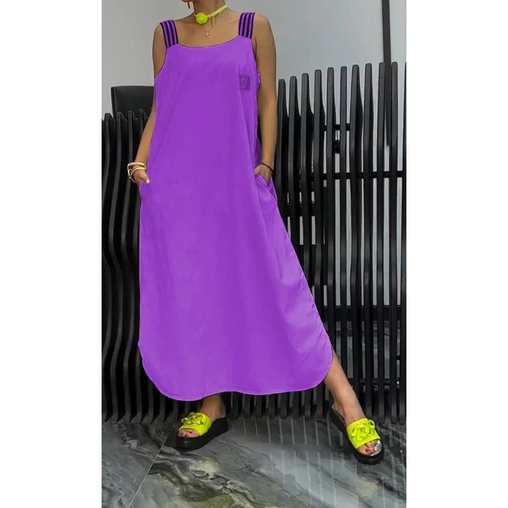 Women's Striped Cotton Linen Maxi Dress Sleeveless Shoulder Strap Dress with Pockets