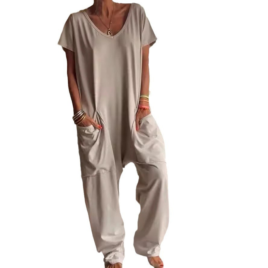 Women's V-Neck Oversized Jumpsuit Quarter Sleeve Pockets Casual Street Style Spring Summer