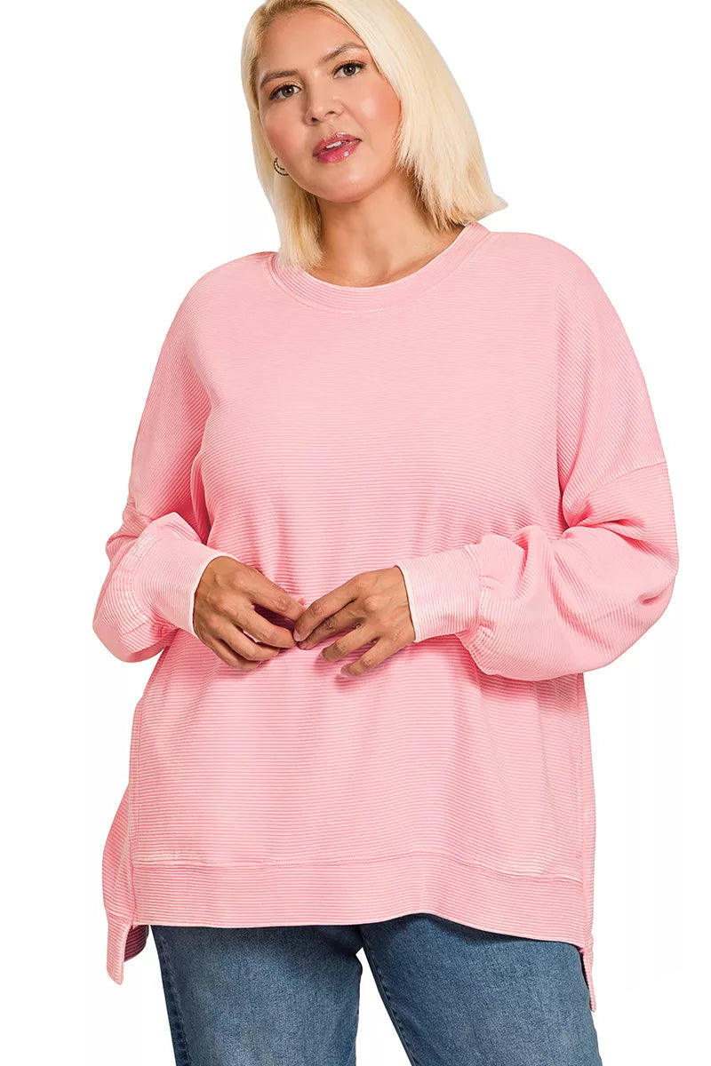 Sarah Express Women's Acid Wash Ribbed Sweatshirt | Hi-Low Hem | 100% Cotton | S-3XL