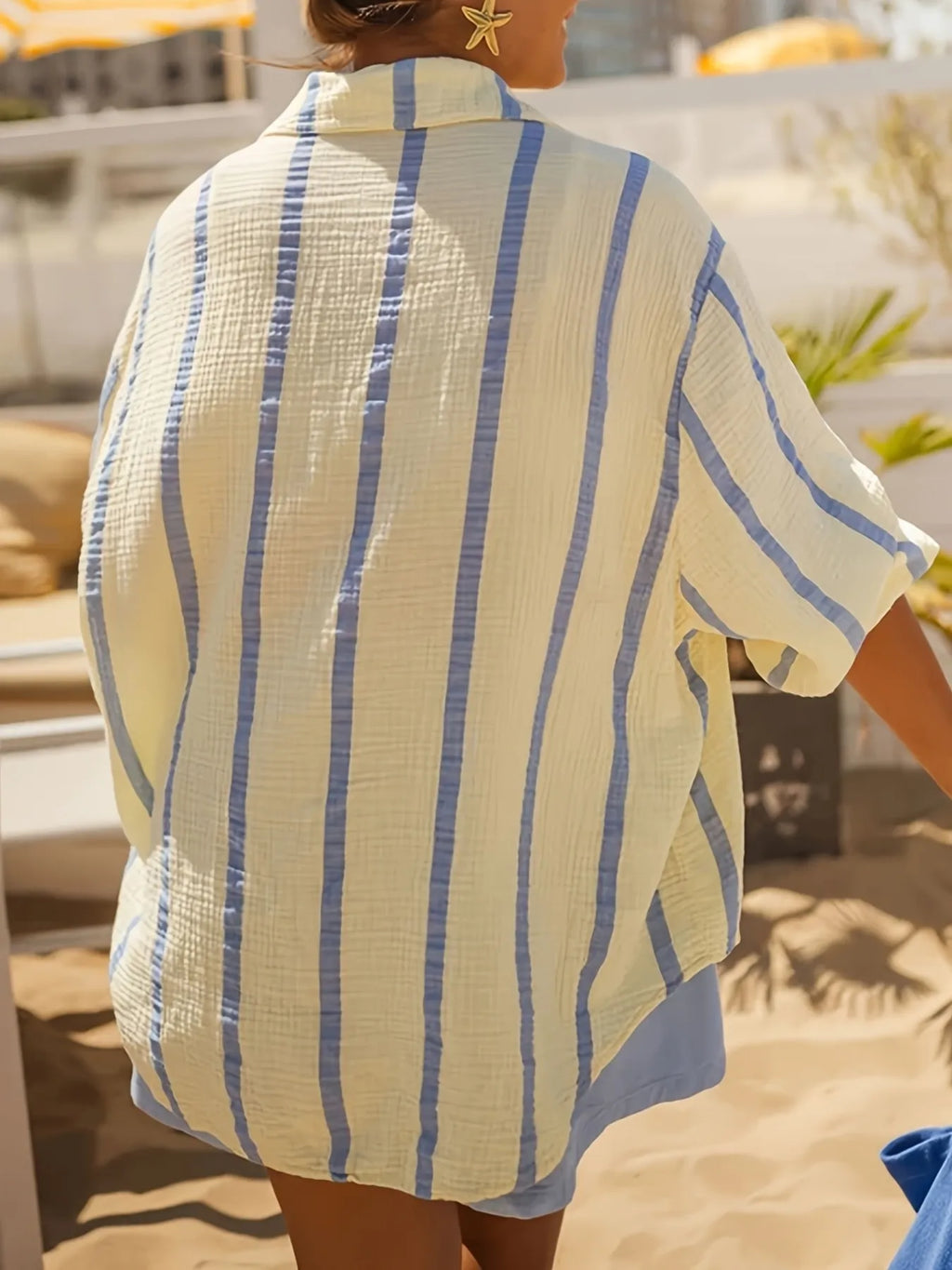 Sarah Express Women's Striped Button Up Long Sleeve Shirt - Oversized Nautical Style