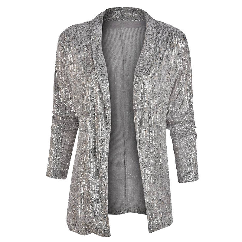 Women's Sequin Long Sleeve Blazer Jacket Polo Collar Mid-Length