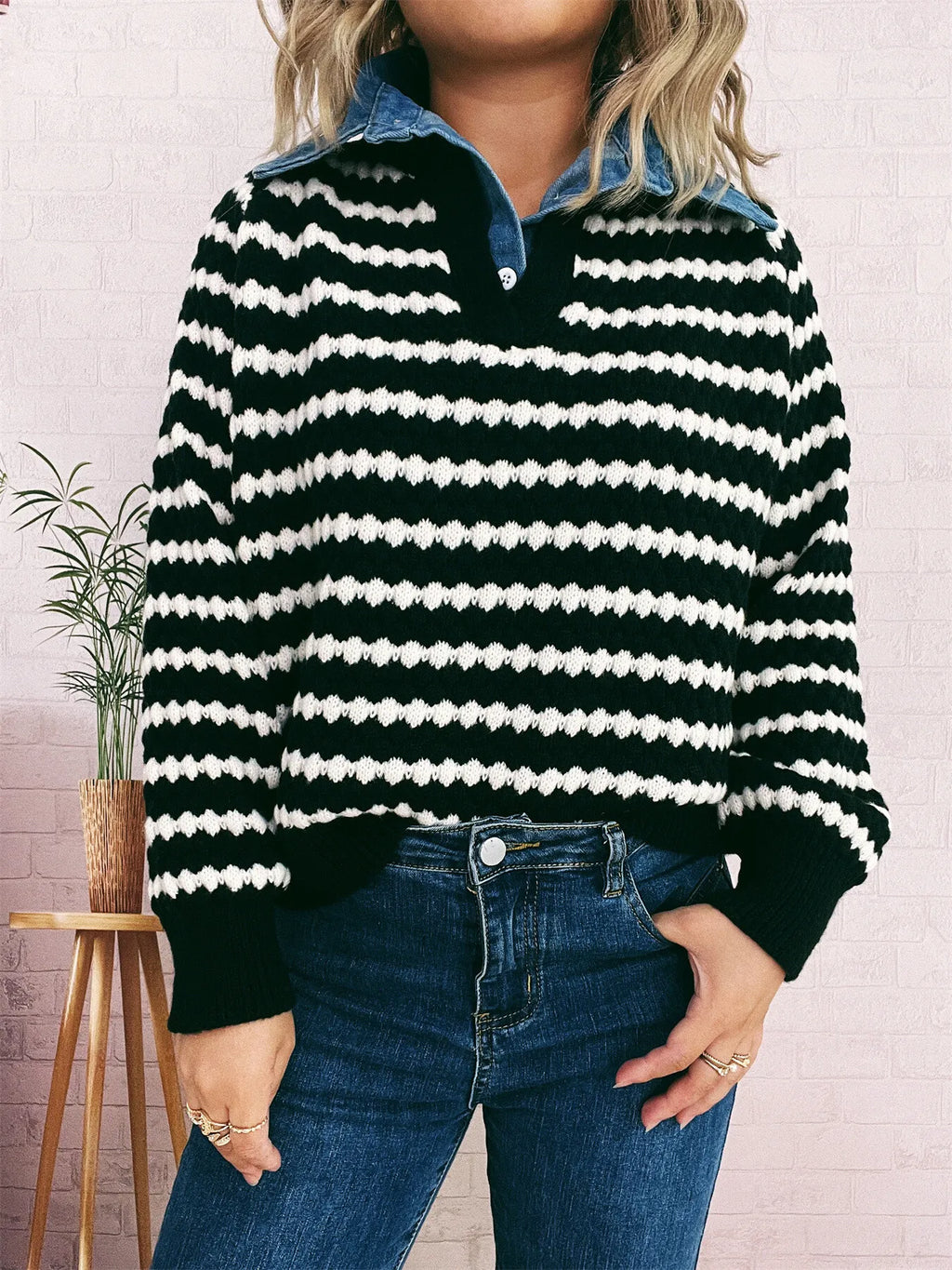Sarah Express Women's Contrast Striped Sweater with Denim Collar - Openwork Knit Pullover Black One Size