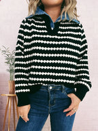 Sarah Express Women's Contrast Striped Sweater with Denim Collar - Openwork Knit Pullover Black One Size