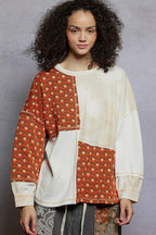 Sarah Express Women's Contrast Patchwork Round Neck Long Sleeve Top