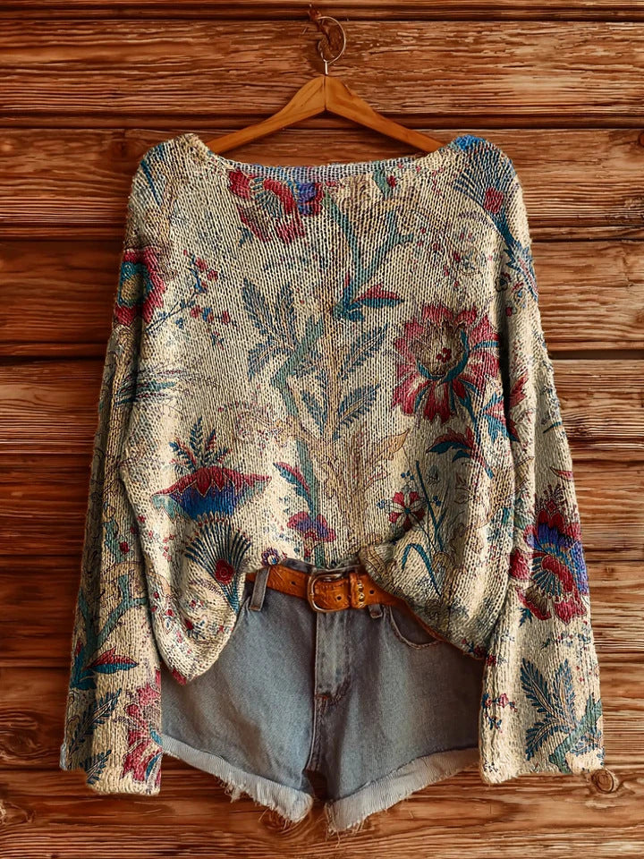 Women's Floral Printed Long Sleeve Pullover Top Brushed Loose Fit