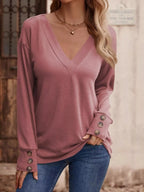 Sarah Express Women's V-Neck Long Sleeve T-Shirt - Button Detail Casual Top