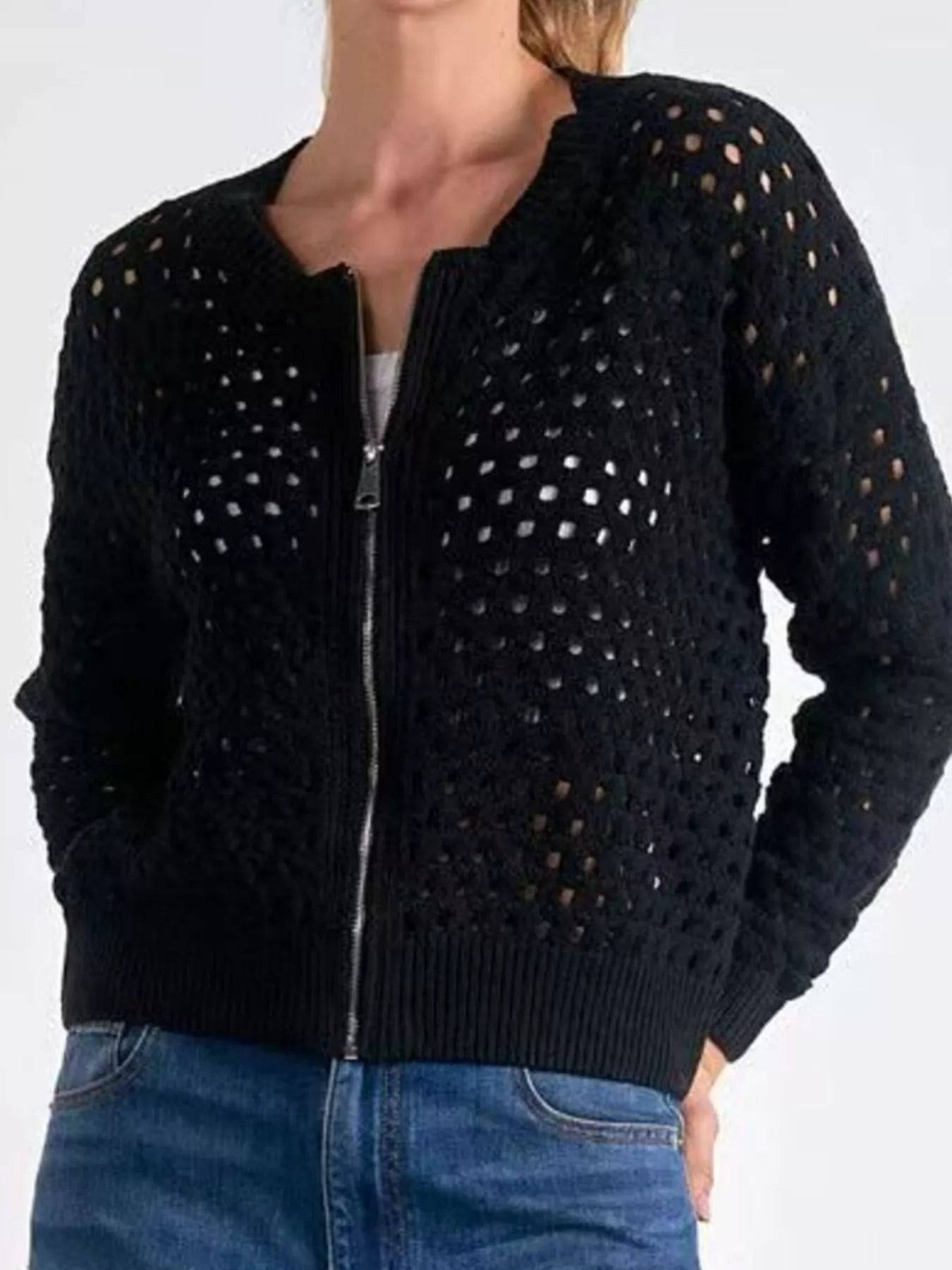 Sarah Express Women's Full Size Zip Up Long Sleeve Cardigan with Eyelet Detail Plus Size